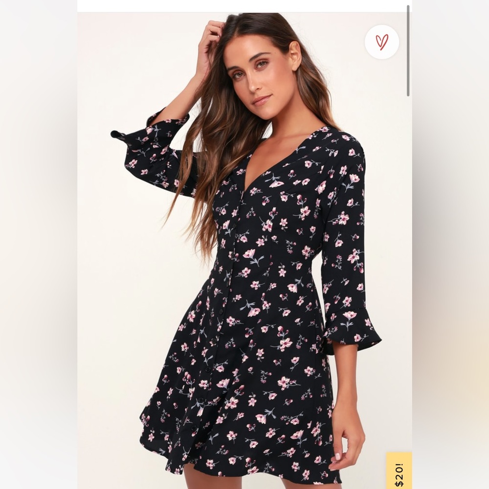 Lulu’s love blossoms black floral print button up flounce sleeve dress